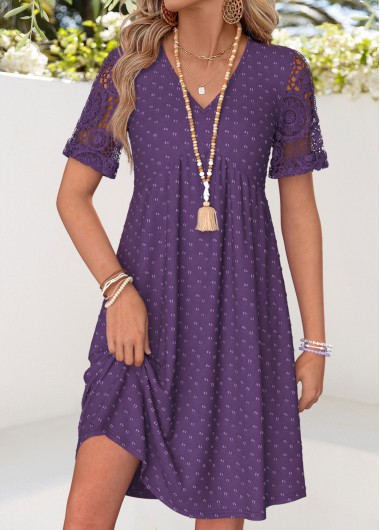 women clothes image of Purple Short Patchwork V Neck Dress