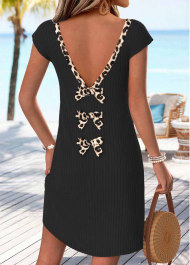 women clothes image of Black Leopard Short Bowknot V Neck Dress