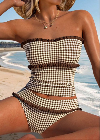 women clothes image of Dark Coffee Mid Waisted Frill Plaid Tankini Set