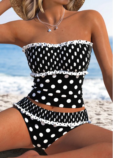 women clothes image of Black Low Waisted Patchwork Polka Dot Tankini Set