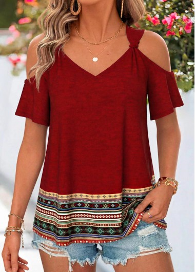 women clothes image of Deep Red Tribal Print Twist Short Sleeve T Shirt