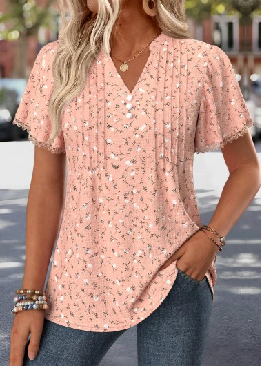 women clothes image of Dusty Pink Ditsy Floral Print Curved Hem T Shirt