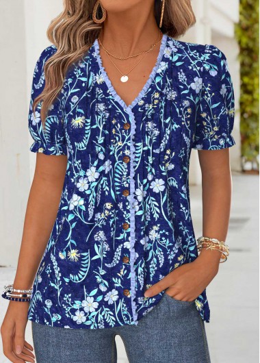 women clothes image of Blue Floral Print Frill Short Sleeve T Shirt