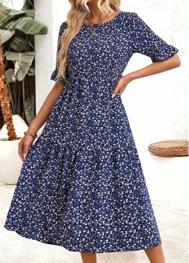 women clothes image of Navy Ditsy Floral Print Shirred Half Sleeve Dress
