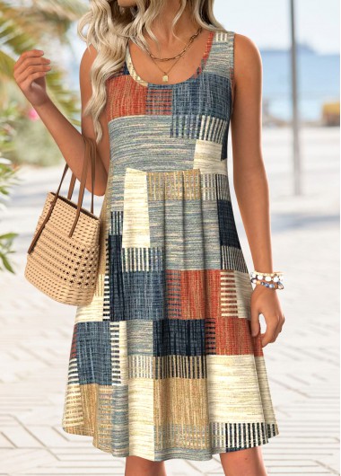 women clothes image of Multi Color Geometric Print Short Tummy Coverage Sleeveless Dress