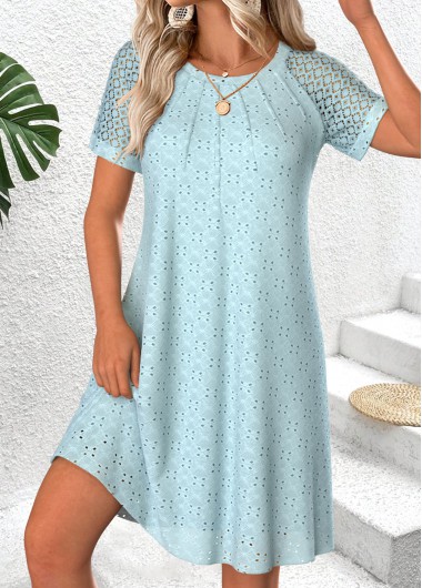 women clothes image of Light Blue Short Patchwork Round Neck Dress