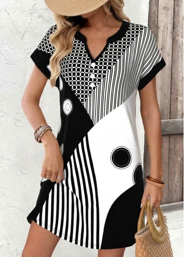 women clothes image of Black Geometric Print Short Contrast Piping Split Neck Dress