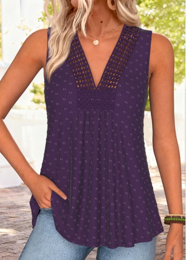 women clothes image of Purple Shirred Sleeveless V Neck Tank Top