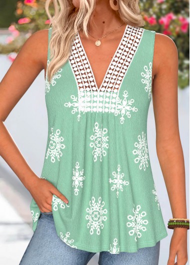 women clothes image of Green Tribal Print Shirred Sleeveless V Neck Tank Top