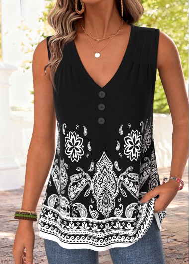 women clothes image of Black Tribal Print Curved Hem Sleeveless Tank Top