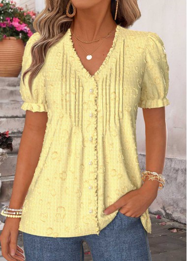 women clothes image of Yellow Frill Short Sleeve V Neck T Shirt