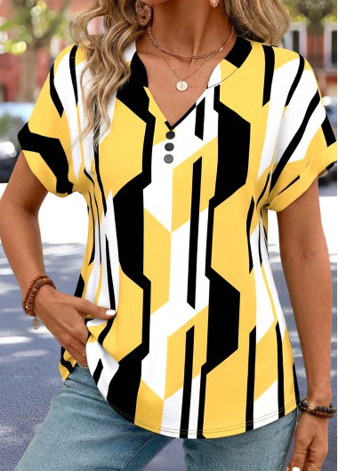 women clothes image of Yellow Geometric Print Split Short Sleeve T Shirt