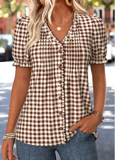 women clothes image of Dark Coffee Plaid Frill Short Sleeve T Shirt