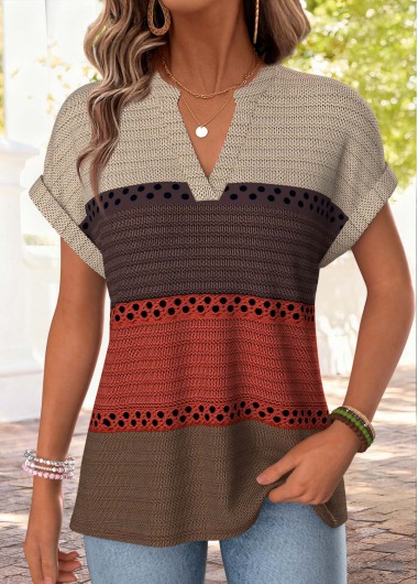 women clothes image of Multi Color Striped Short Sleeve Split Neck T Shirt