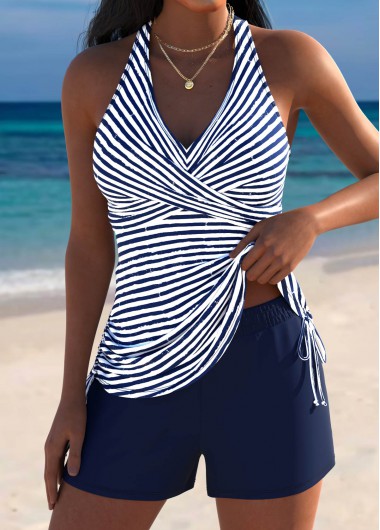 women clothes image of Navy Mid Waisted Surplice Striped Tankini Set