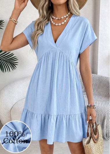 women clothes image of Light Blue Short Shirred V Neck Dress