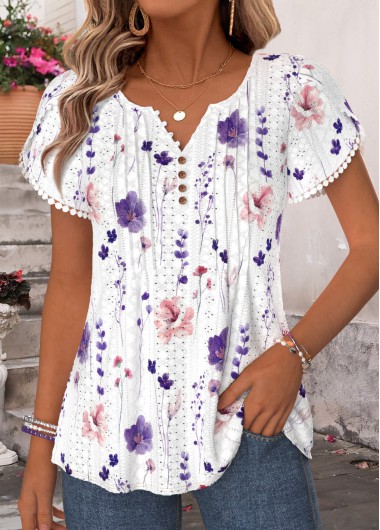 women clothes image of Pink Floral Print Curved Hem Short Sleeve T Shirt