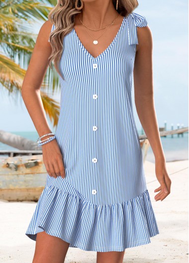 women clothes image of Blue Striped Short Button Sleeveless V Neck Dress