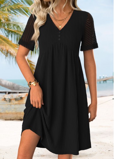 women clothes image of Black Short Shirred V Neck Dress