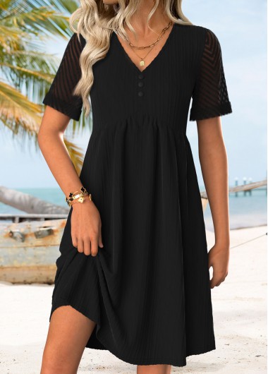 women clothes image of Black Short Shirred V Neck Dress