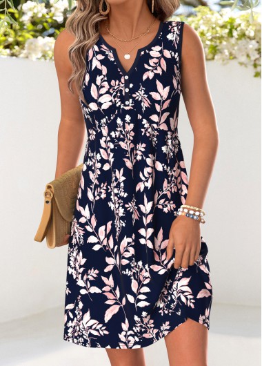 women clothes image of Navy Leaf Print Short Tummy Coverage Sleeveless Dress