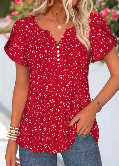 women clothes image of Red Polka Dot Curved Hem Short Sleeve T Shirt
