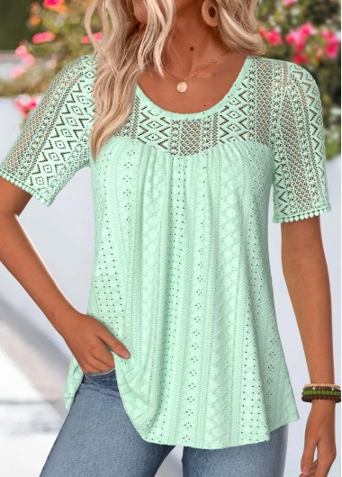 women clothes image of Mint Green Smocked Short Sleeve Scoop Neck T Shirt