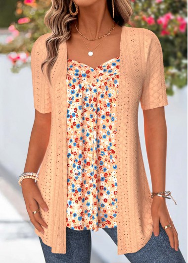 women clothes image of Orange Ditsy Floral Print Fake Two Piece Twinset