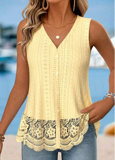women clothes image of Yellow Lace Trim Sleeveless V Neck Tank Top