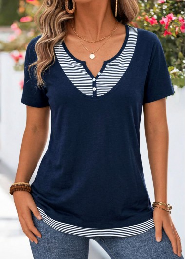 women clothes image of Navy Striped Fake 2in1 Short Sleeve Split Neck Blouse
