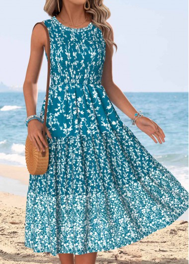 women clothes image of Peacock Blue Ditsy Floral Print Tummy Coverage Sleeveless Dress