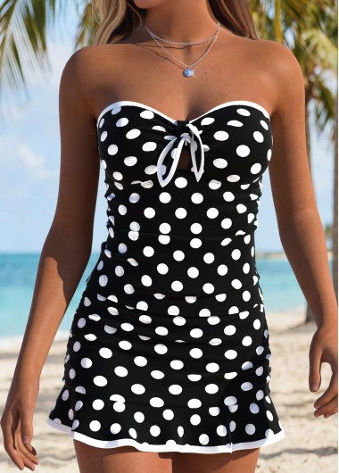 women clothes image of Black Mid Waisted Bowknot Polka Dot Tankini Set