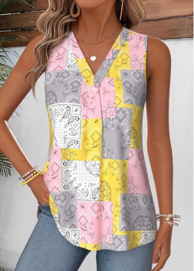 women clothes image of Multi Color Patchwork Curved Hem Sleeveless Tank Top