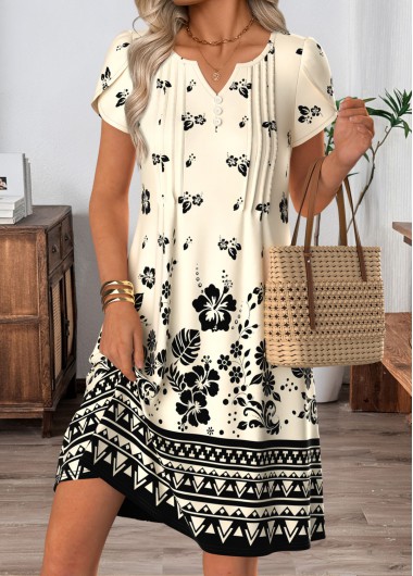 women clothes image of Beige Floral Print Short Tuck Stitch Split Neck Dress