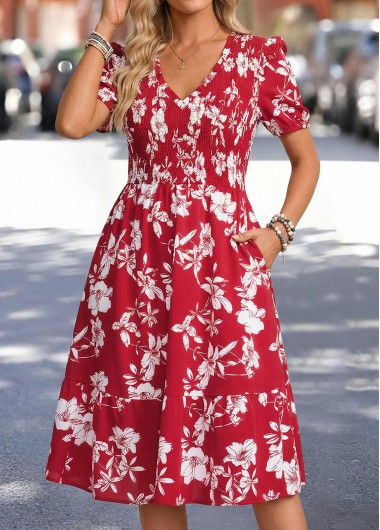 women clothes image of Red Floral Print Tummy Coverage Short Sleeve Dress