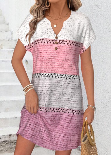 women clothes image of Pink Geometric Print Short Tummy Coverage Split Neck Dress