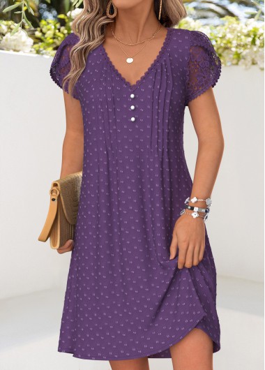 women clothes image of Purple Short Tuck Stitch V Neck Dress