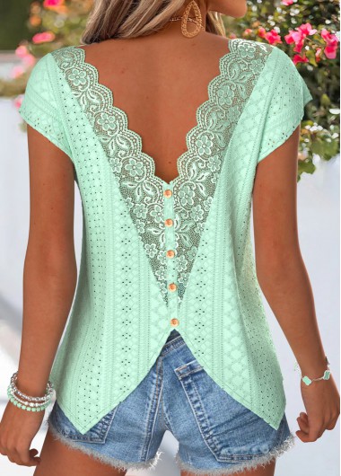 women clothes image of Green Patchwork Short Sleeve V Neck T Shirt