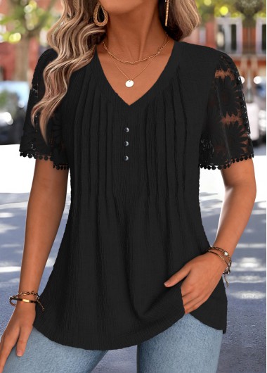 women clothes image of Black Patchwork Short Sleeve V Neck T Shirt