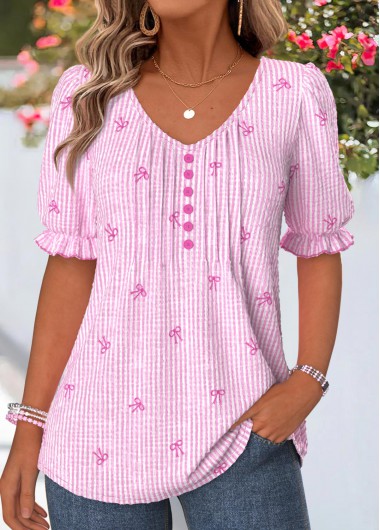 women clothes image of Pink Striped Curved Hem Short Sleeve T Shirt
