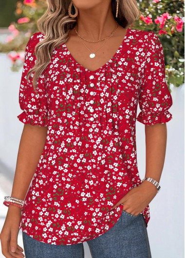 women clothes image of Red Ditsy Floral Print Curved Hem T Shirt