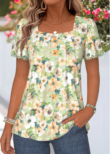 women clothes image of Light Green Floral Print Pleated Short Sleeve T Shirt