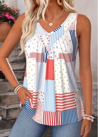 women clothes image of Multi Color American Flag Print Patchwork Sleeveless Tank Top