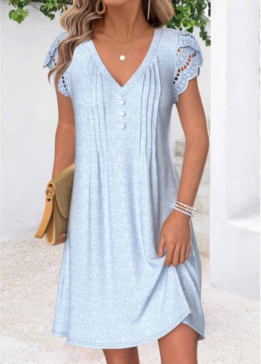 women clothes image of Light Blue Short Tuck Stitch V Neck Dress