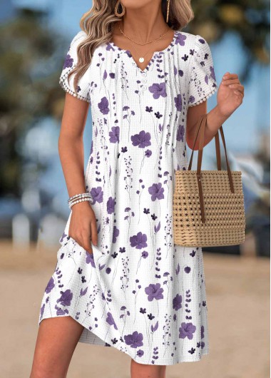 women clothes image of White Floral Print Short Tuck Stitch Split Neck Dress