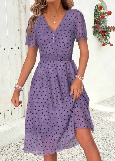women clothes image of Dusty Purple Polka Dot Layered Short Sleeve Dress