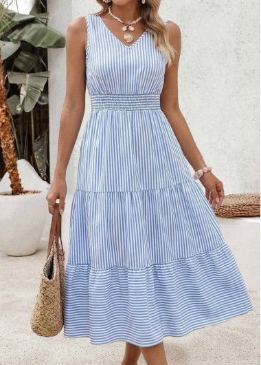 women clothes image of Light Blue Striped Smocked Sleeveless V Neck Dress