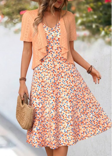 women clothes image of Orange Ditsy Floral Print Two-piece Dress and Cardigan