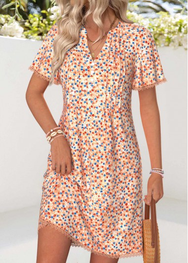 women clothes image of Orange Ditsy Floral Print Short Tuck Stitch Dress