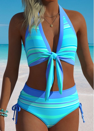 women clothes image of Blue Mid Waisted Ruched Striped Bikini Set